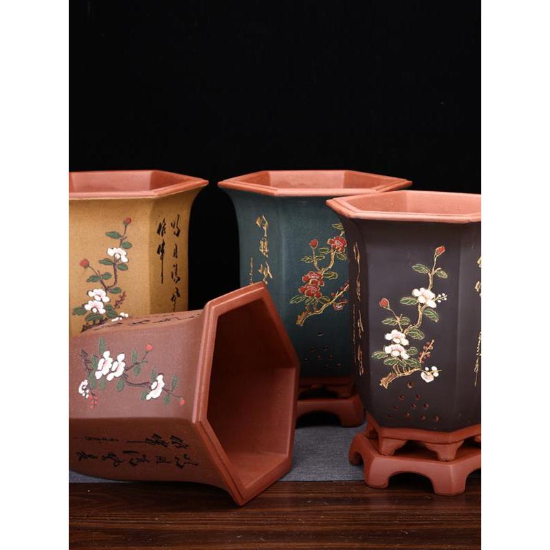 紫砂兰花盆专用盆手工点彩精品大号六方君子兰蕙兰桌面古典中国风