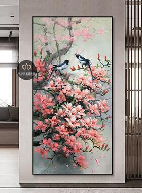喜上眉梢装饰画新中式桃花玄关壁画客厅植物花卉喜鹊寓意好挂画