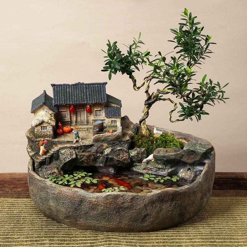 桌面微景观鱼缸创意桌面景观鱼缸流水摆件循环水客厅diy手工造景