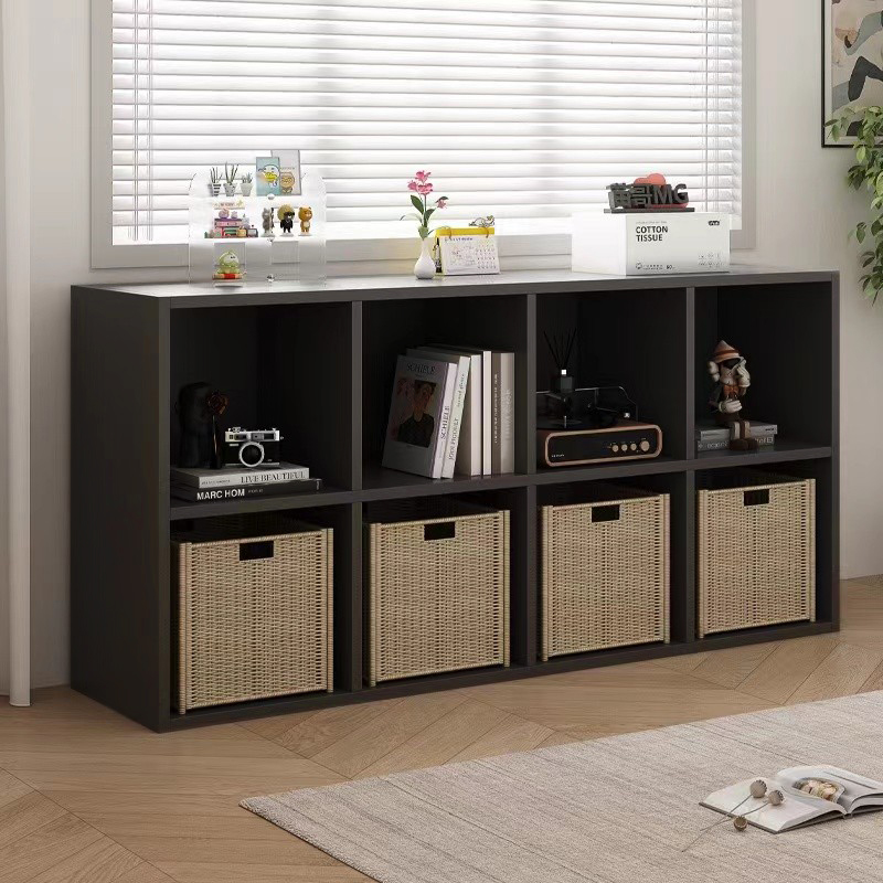 9C客厅开放书架儿童落地置物架方格柜木书柜矮柜黑色自由组合格子