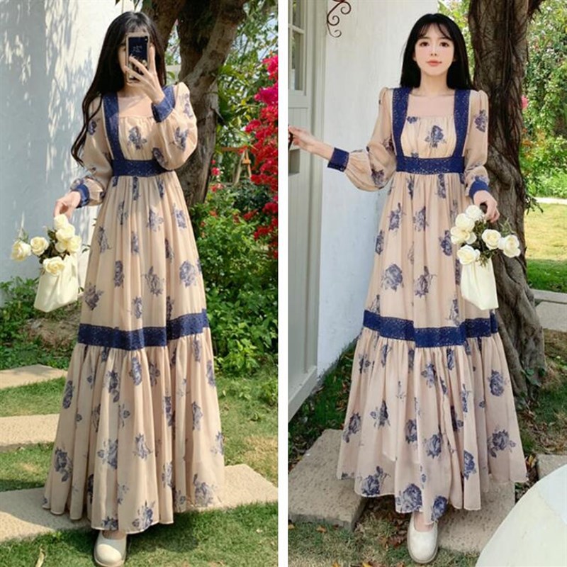 大码女装春秋气质氛围感碎花茶歇连衣裙胖妹妹mm高级X感礼服长裙