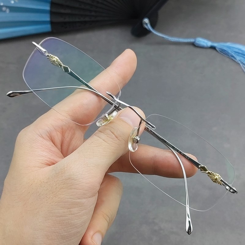 超轻纯钛无框眼镜近视男r款女配度数变色防蓝光无边框大脸眼睛框