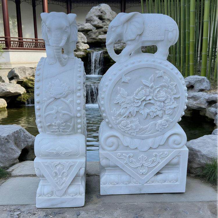汉白玉门墩抱鼓石石雕大象动物雕塑庭院门口吉祥摆件招财进宝