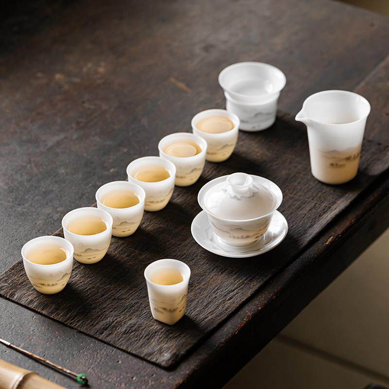 冰种玉白瓷盖碗茶杯手绘山水套装陶瓷高端功夫茶具整套泡茶碗送礼