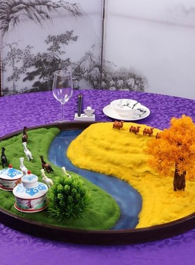 大圆桌中间摆件新中式酒r店餐桌花装饰高端圆形摆设转盘微景观造