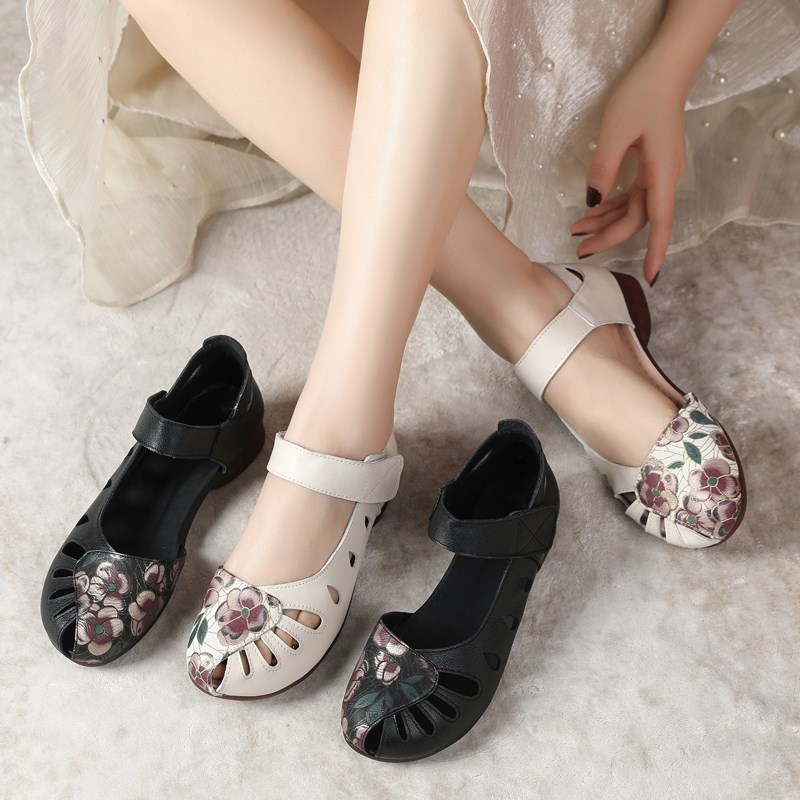 真皮包头妈妈凉鞋绣花女夏季软底洞洞单鞋牛筋底中老年皮鞋43大码