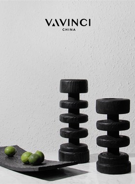 梵其黑色圆形碳化木瓶摆件简约现代茶几电视柜客厅玄关果盘装饰品