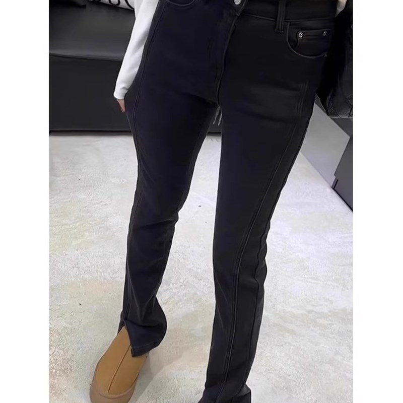 夏季新款黑色开叉牛仔裤女大码胖妹C妹mm梨形身材显瘦弹力直筒长