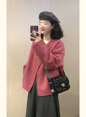 秋冬复古韩版设计感小个子t搭配显高呢子大衣树莓粉毛呢外套女短