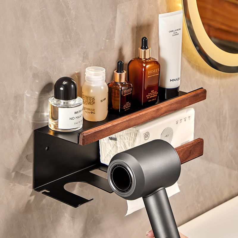 胡桃木吹风机置物架家用卫生间y壁挂式洗脸巾放置架子电吹风收纳