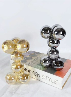 简约现代橘f色银色水晶装饰球样板间客厅茶几软装饰品摆件