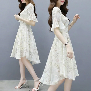 2023裙子女夏装小个子新款修身显瘦超仙女气质雪纺碎花遮肚连衣裙