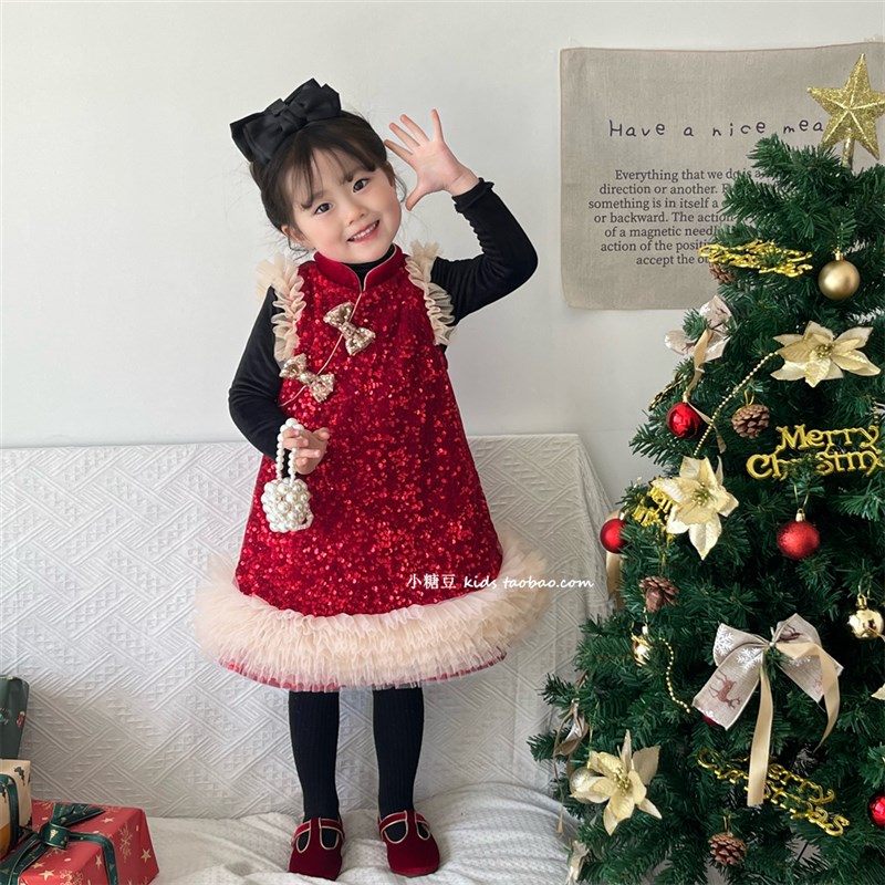 女童新中式亮片旗袍l裙2024冬季新款女孩加厚加绒纱裙背心裙公主