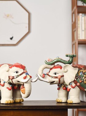 陶瓷大象摆件一对艺术象新v中式客厅装饰品石湾公仔工艺开业礼品