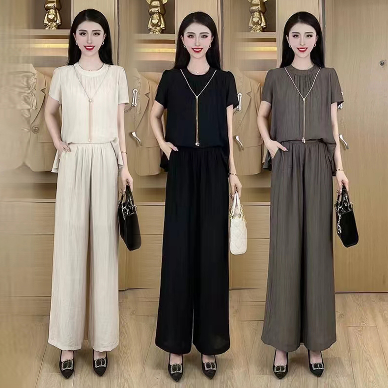 夏季时尚气质套装女装2025今年流行新款宽松显瘦短袖阔腿裤两件套
