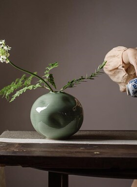 越窑青瓷日式禅意插花p花瓶家居客厅装饰品摆件酒店样板房大号花