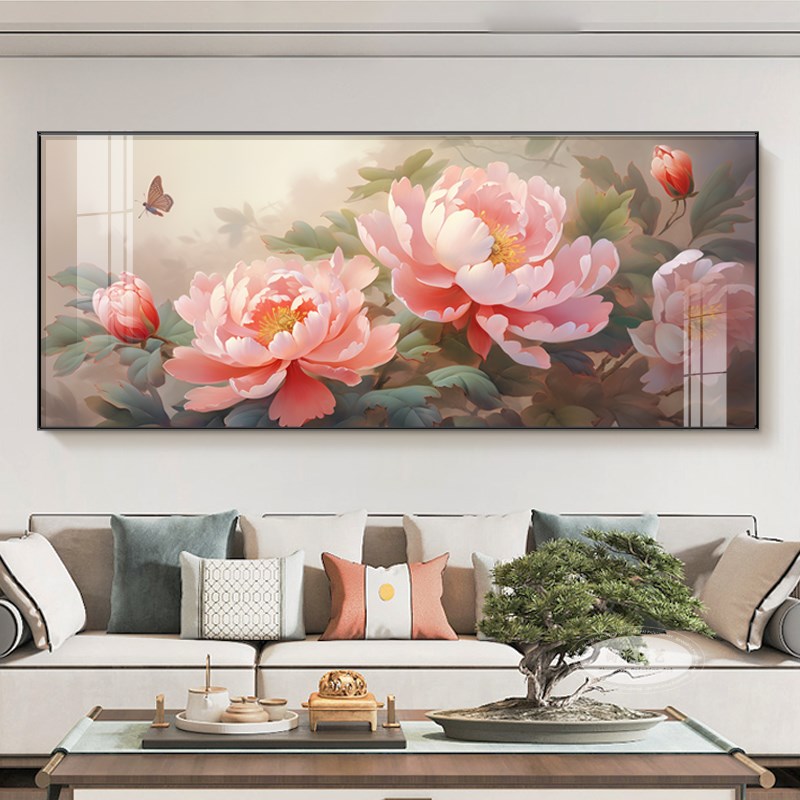 花开富贵横版客厅k装饰画大气牡丹花沙发背景墙挂画高级感花卉壁