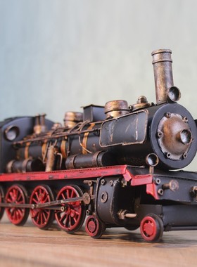 美式复古铁皮蒸汽机火车头模型美式家居摆件酒柜装饰玄关工艺品