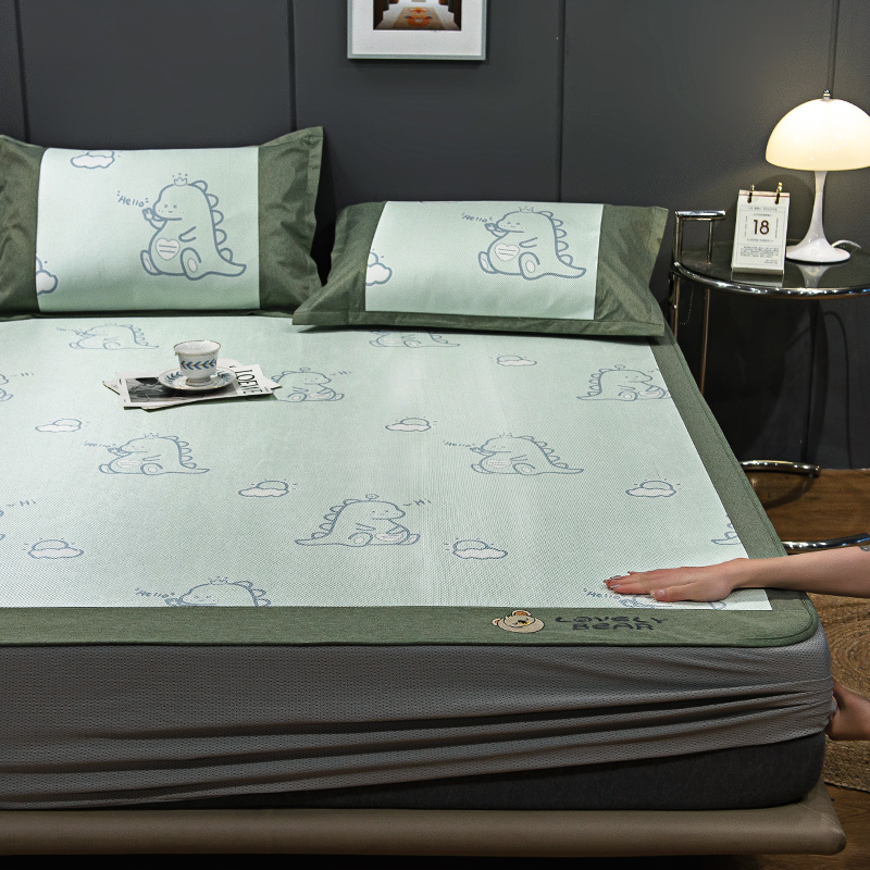 凉席夏季c印花冰丝席床笠三件套软席子夏天家用可水洗折叠冰藤席