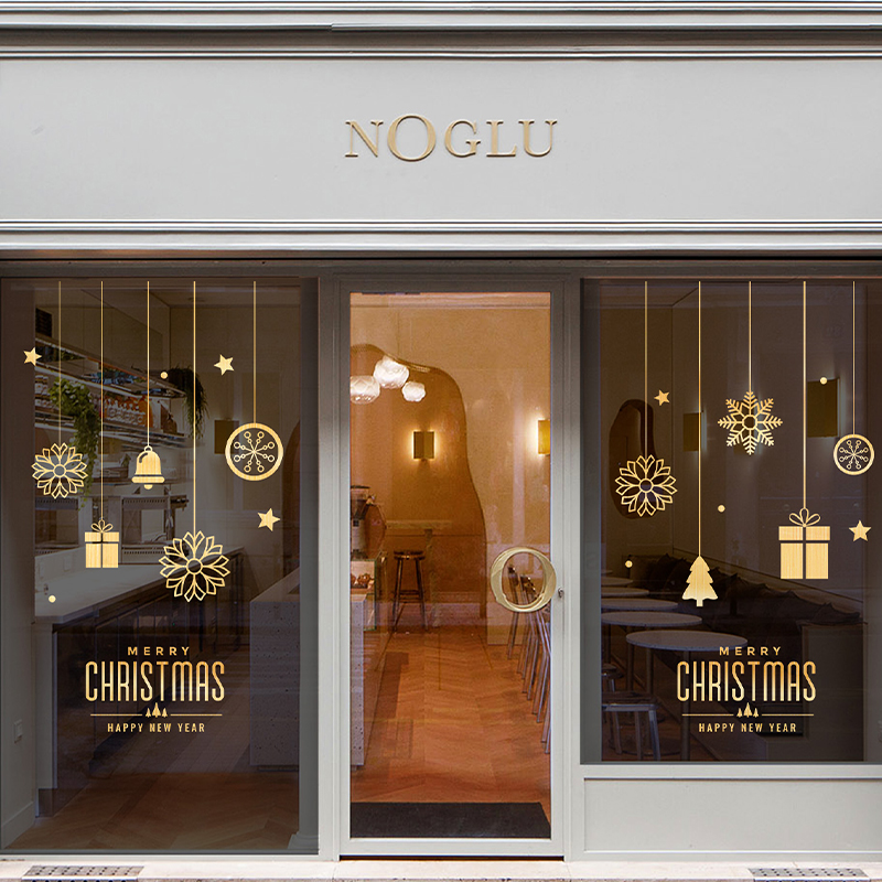 耶诞玻璃贴纸耶诞节静q电贴场景布置墙面门贴烫金门饰店铺贴画装