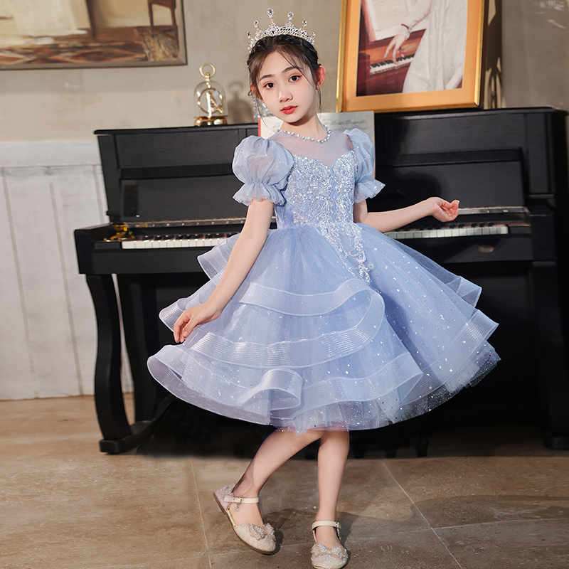 儿童礼服高端公主裙蓝色短款花童小女孩主持人女童钢琴演出服夏季