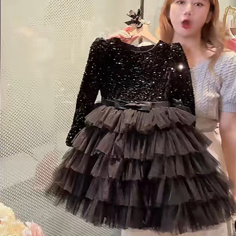 女童赫本风洋装2023秋冬新款女宝宝黑色蛋糕裙洋派公主礼服裙子