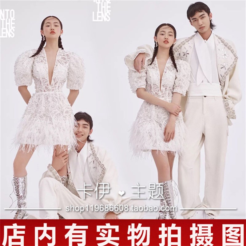 20影楼新款婚h纱主题情侣旅拍摄影服饰小清新羽毛珍珠短款时尚礼
