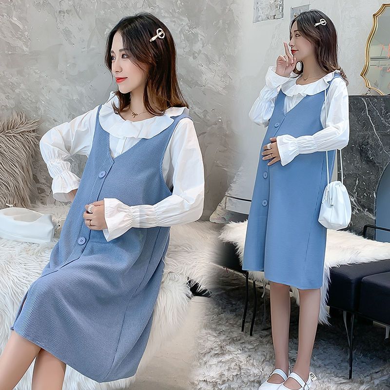 孕妇装2022春秋季新款时尚y中长款花边褶皱背心裙孕妇连衣裙两件