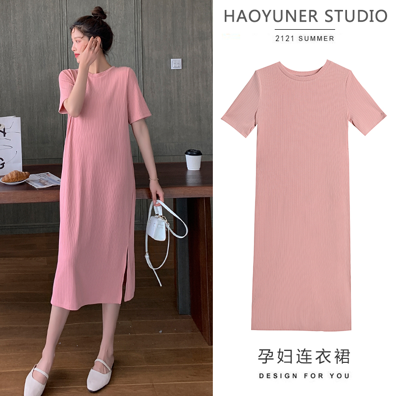 冰丝棉哺乳连衣裙2022夏季孕妇D装纯色打底T恤怀孕连衣裙子显瘦