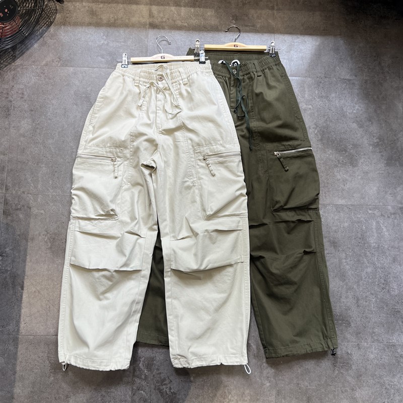 2024日系阿美咔叽宽松拉链口袋阔腿工装裤束脚阔版加厚粗布裤日潮
