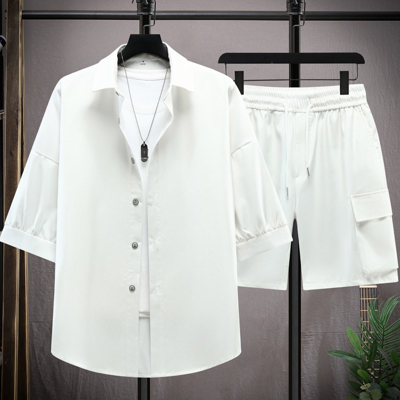 夏季冰丝七分袖衬衫男潮牌宽松休闲 运动短裤搭配薄款五分袖