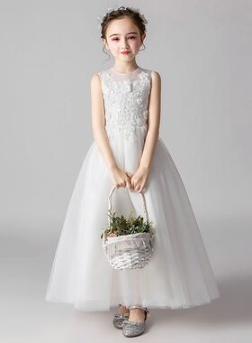 女童白色生日花童婚m纱公主裙儿童主持人晚礼服女孩洋气演出服夏