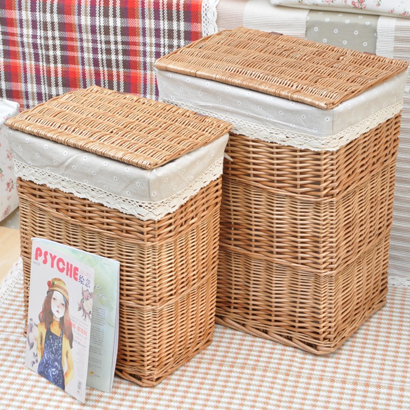藤编脏衣篮 藤制脏衣服收纳筐篮子柳编收纳框 藤筐带Y盖洗衣篓大