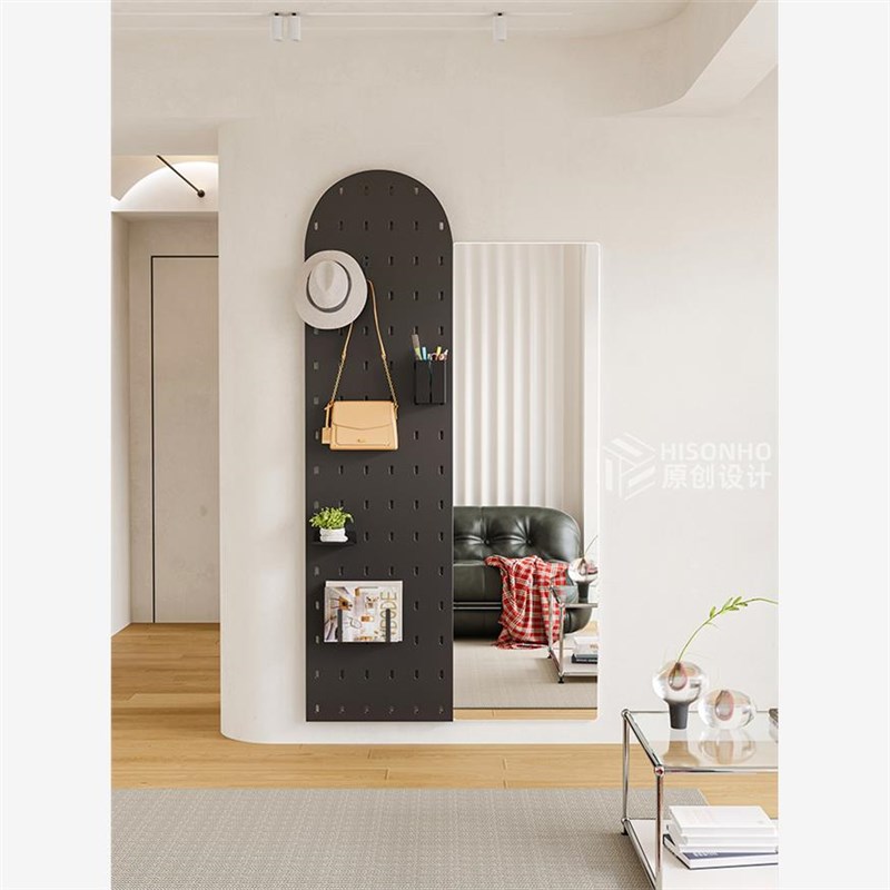 2024入户洞洞板镜子隐藏式推拉全身镜家用收纳置物V架穿衣镜卧室