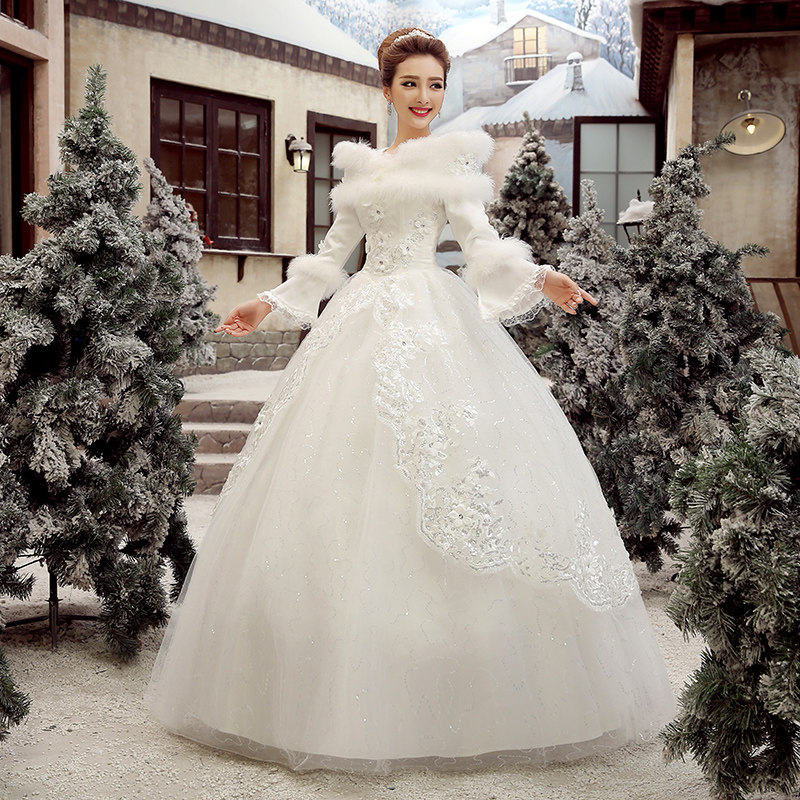 婚纱礼服2021新款o新娘结婚冬季保暖加厚齐地长袖小个子冬天秋冬