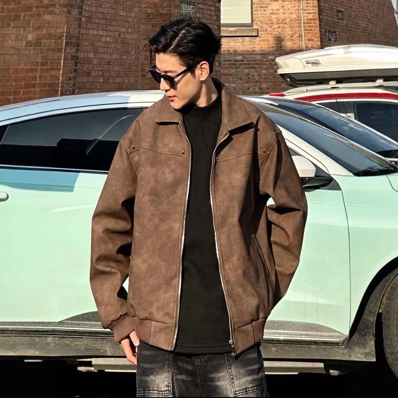 网红PU皮美式复古铆钉夹克男春秋款翻领棒球服美拉德情侣皮衣外套