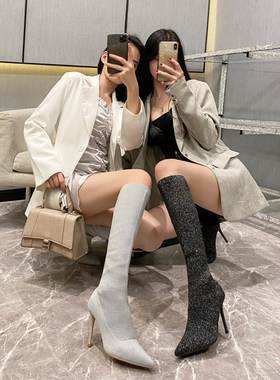 2020高跟弹力瘦瘦靴女靴黑色显瘦尖头长靴女亮片中高筒细跟袜子靴