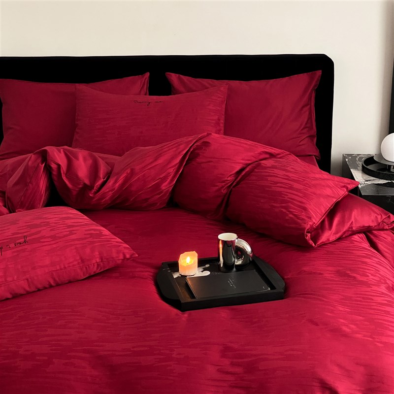 简约高级感婚g庆100支纯棉全棉提花四件套大红色结婚被套床上用品