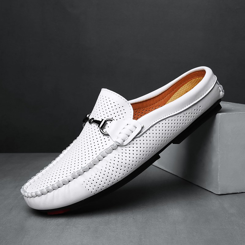 男鞋夏季透气豆豆鞋男款真皮软底一脚蹬懒人无后跟半拖休闲皮鞋子