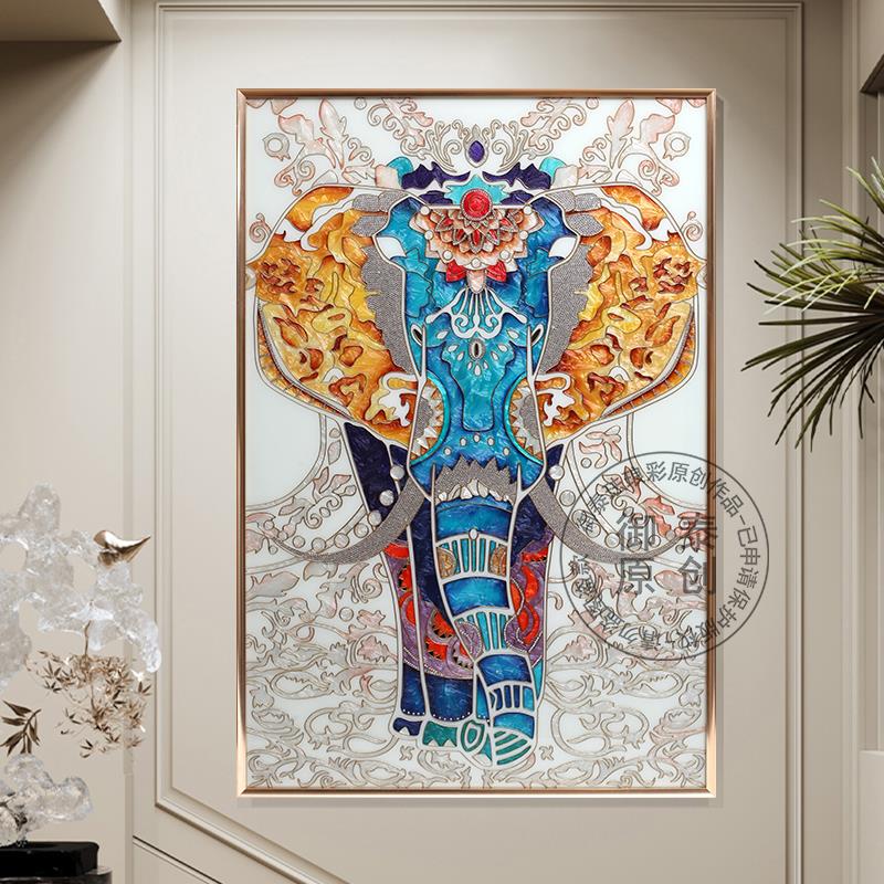 御泰《瑞彩吉象》东南亚风格大象装饰画现代轻奢法式珐琅彩挂画