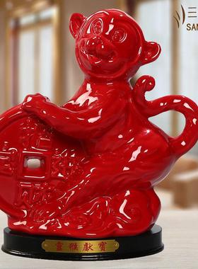 红色陶瓷十二生肖猴子摆件客厅装饰品办公室工艺品瓷器风水招财