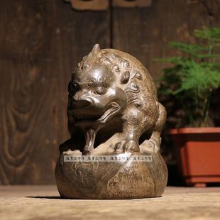 青石雕刻小吸水吸财神兽镇宅招财摆件大狮子文玩收藏复古案头陈设