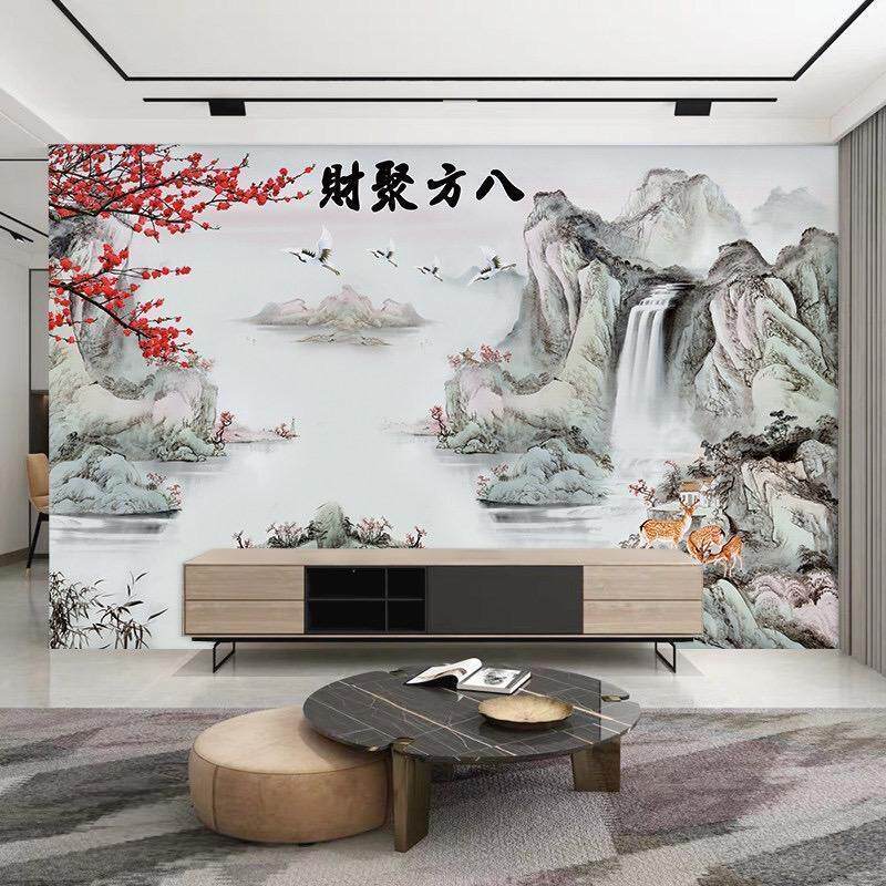 电视背景墙壁画8d山水立体墙纸客厅3d现代简约影视墙布新中式壁纸