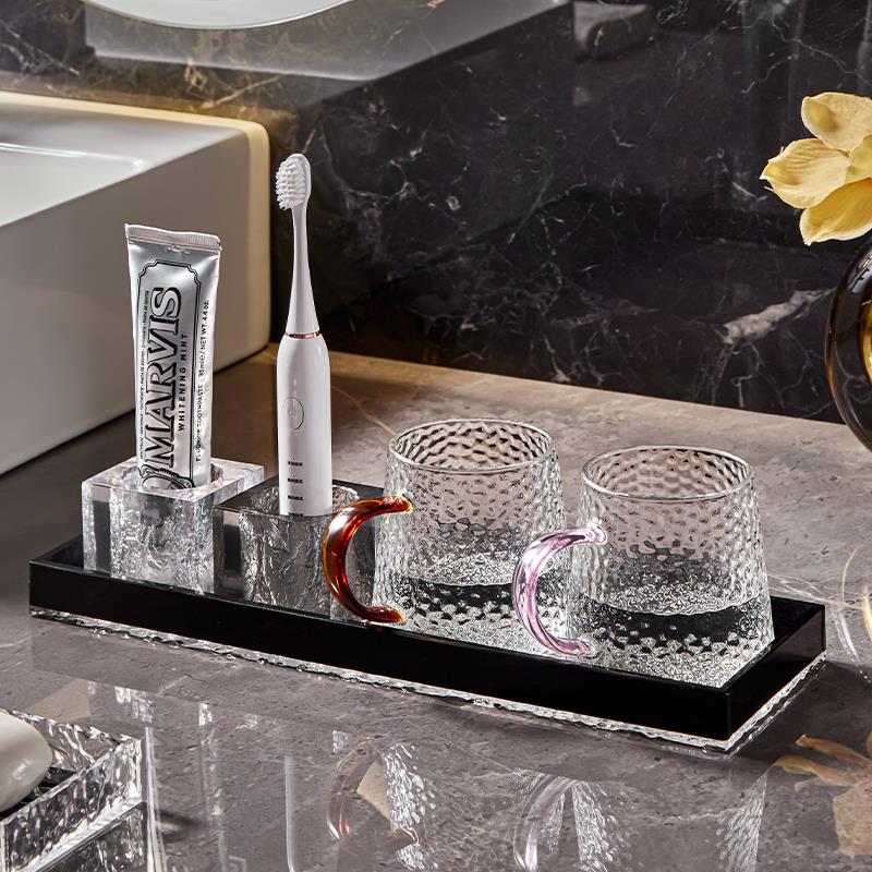 高档玻璃漱口杯家用刷牙杯高颜值牙杯牙缸口杯情侣带托盘洗漱套装