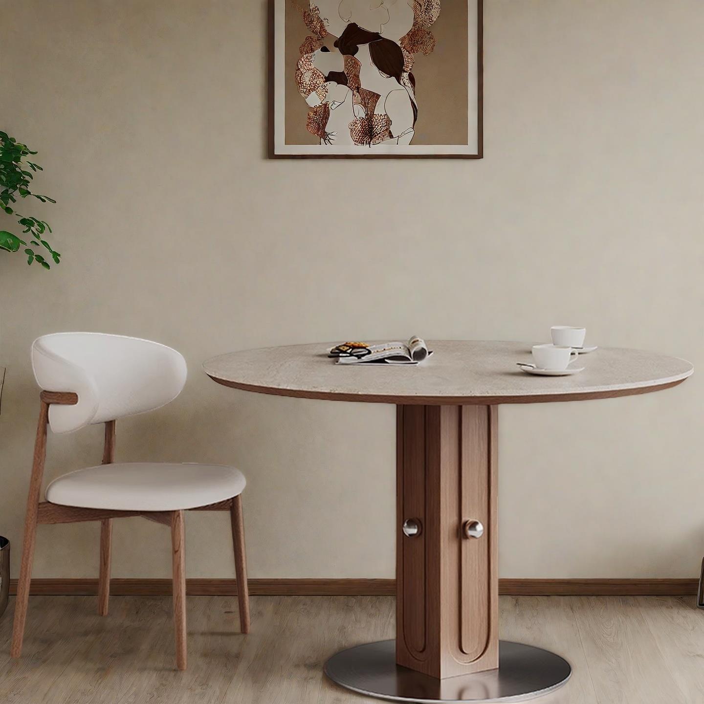 德利丰圆桌小户型家用现代简约设计新款实木包豪斯风洞石岩板餐桌