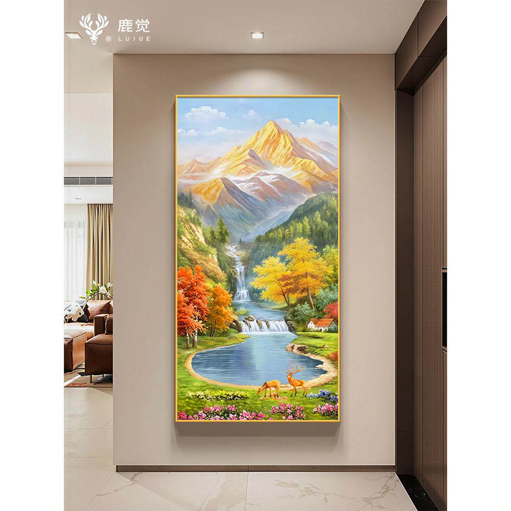 金山聚宝盆山水画玄关竖版挂画高级感墙上装饰画客厅入户门风景画