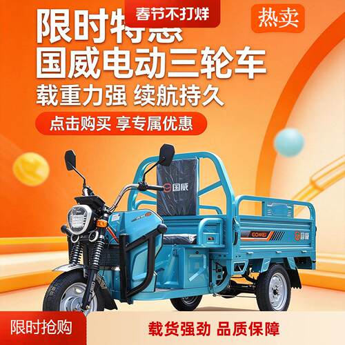 国威电动三轮车电动车三轮车带棚拉货家用载货电动车厂家直销爬坡