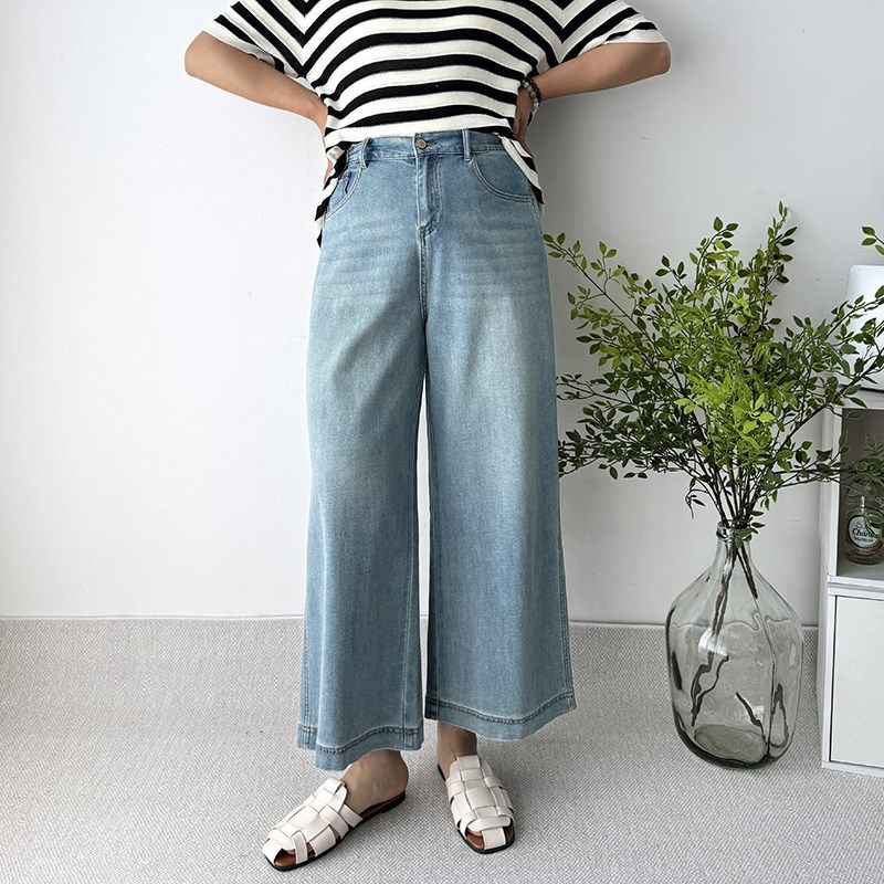 大码女装阔腿牛仔裤女夏季薄款宽松直筒裤梨型显瘦九分裤胖mm裤子