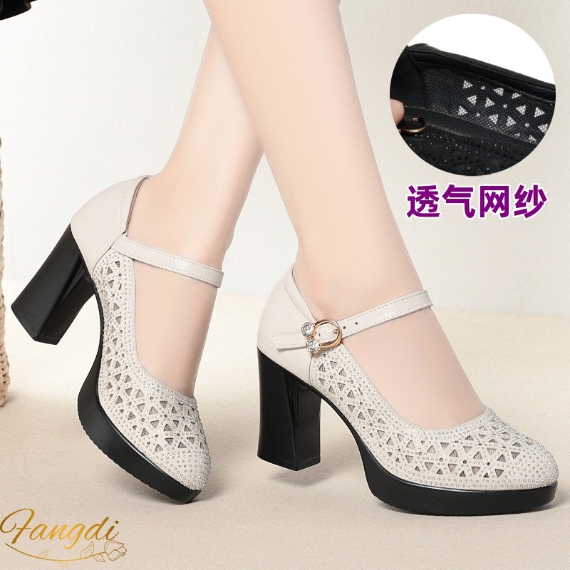 旗袍模特夏季走秀高跟鞋镂空凉鞋女士中年妈妈鞋真皮女鞋网纱单鞋,女鞋,一字带凉鞋,淘宝优惠券,粉丝福利购,淘宝优惠卷