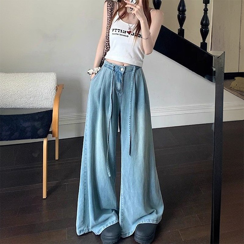 300斤胖mm大码简约风百搭冰丝牛仔裤女夏季凉感裤子显瘦阔腿长裤